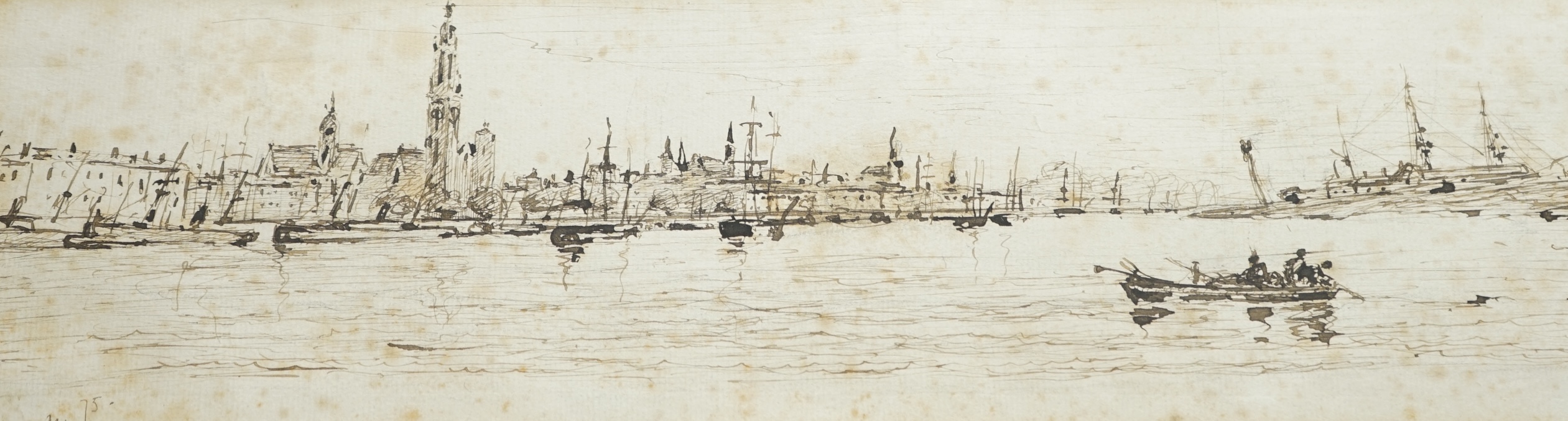 Scott, 19th century pen and ink sketch, ‘Anvers, Belgium’, signed and dated '75, 10 x 34cm. Condition - poor to fair